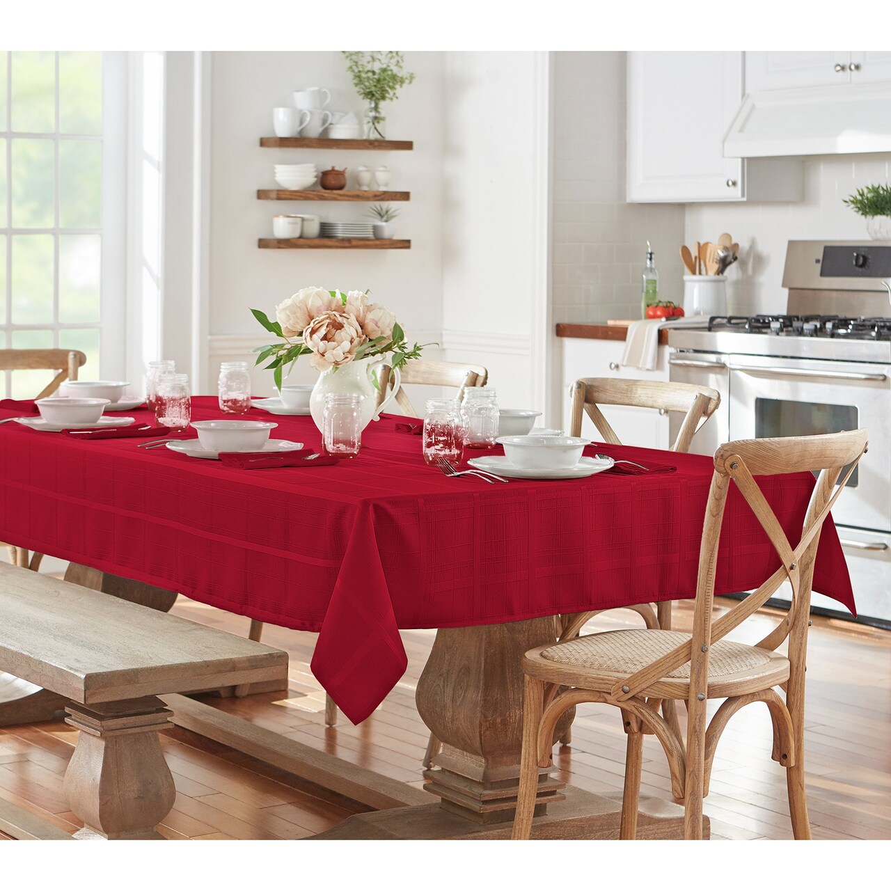 Threadmade Home Elegance Plaid Jacquard Tablecloth, Poinsettia Red - 52"W x 70"L